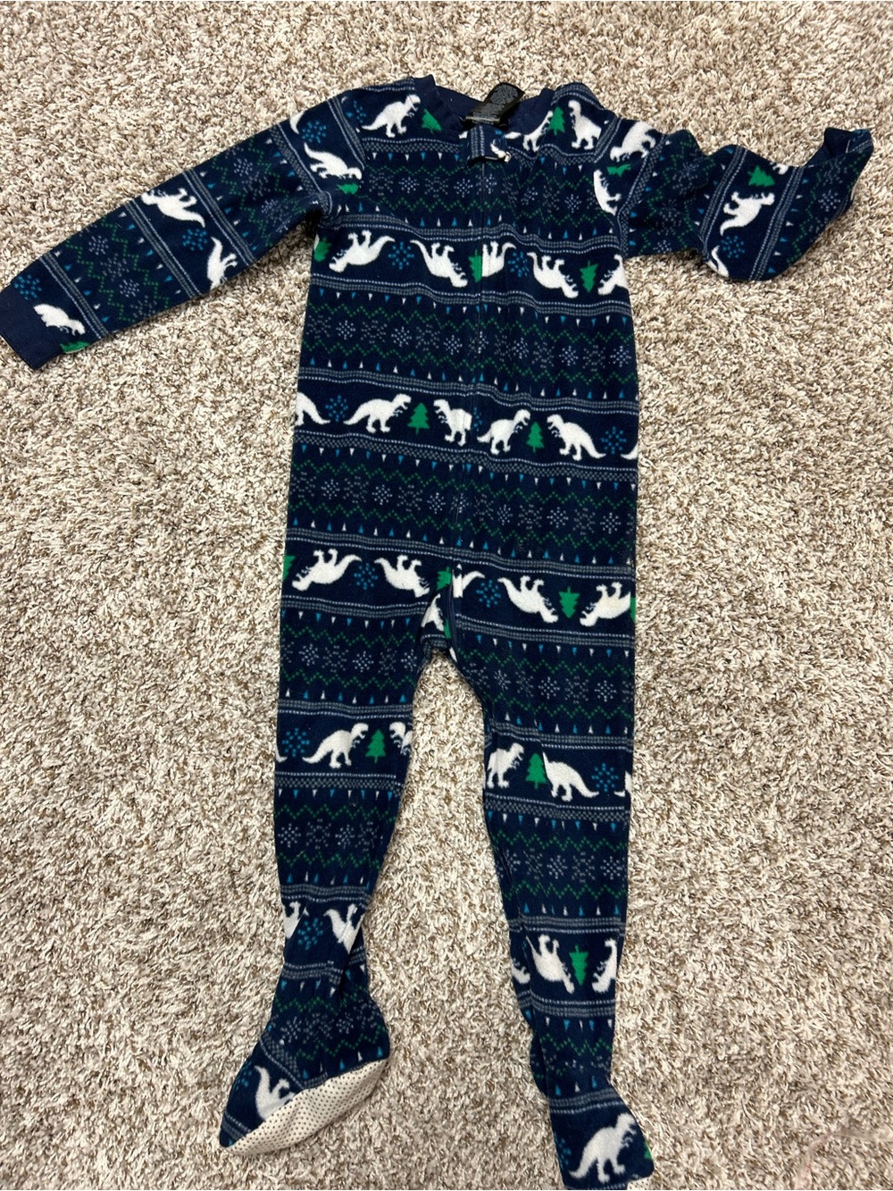 Joe Boxer Kids Navy Blue Dino Print Footed One-Piece Fleece Pajamas Sz 4 T